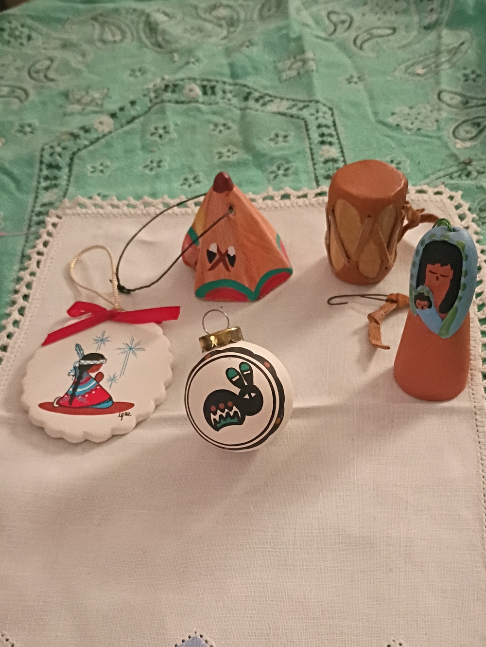 Hand-Painted Native American-Style Clay & Ceramic Christmas Ornaments Lot